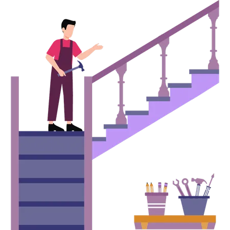 The boy is nailing the stairs  イラスト