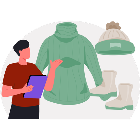 The boy is ordering winter cloth online  Illustration