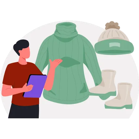 The boy is ordering winter cloth online  Illustration