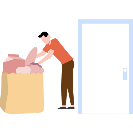 The boy is packing groceries.  Illustration