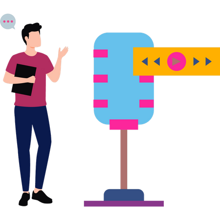 The boy is playing music into the mic  Illustration