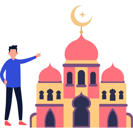 The boy is pointing at the holy mosque  Illustration