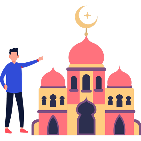 The boy is pointing at the holy mosque  Illustration