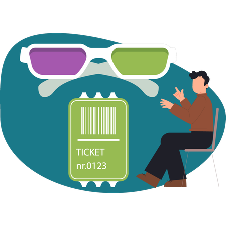 The boy is pointing cinema tickets and 3d glasses  Illustration