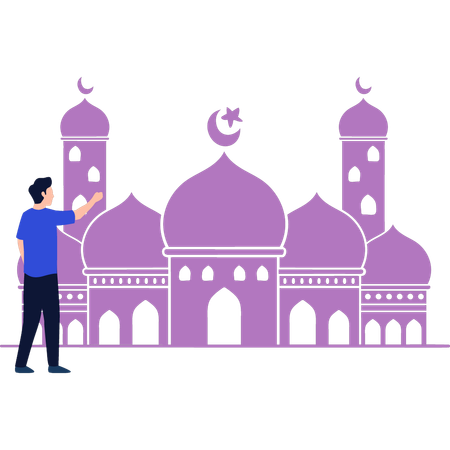 The boy is pointing to the mosque  Illustration