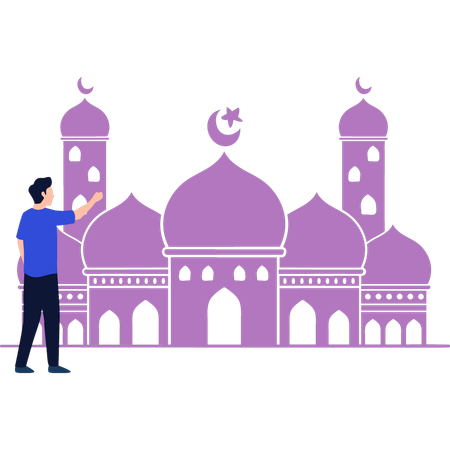 The boy is pointing to the mosque  イラスト