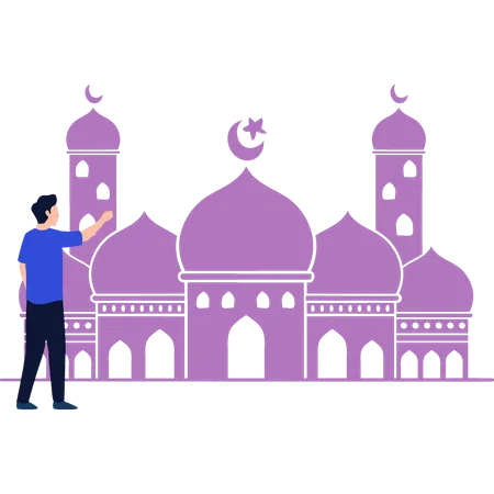 The boy is pointing to the mosque  Illustration
