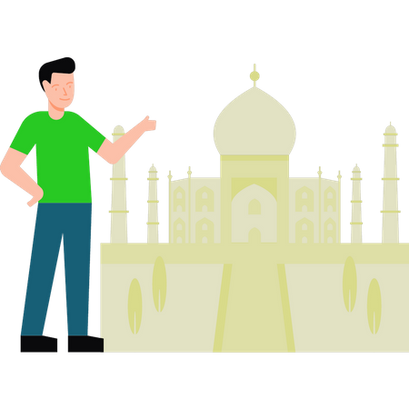 The boy is pointing towards the Taj Mahal  Illustration