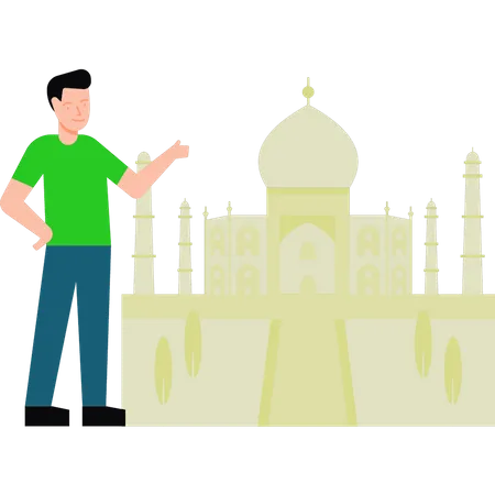 The boy is pointing towards the Taj Mahal  Illustration