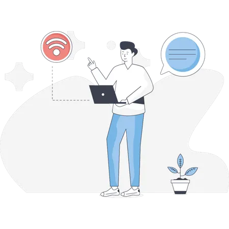 少年はWi-Fi信号を指しています  イラスト