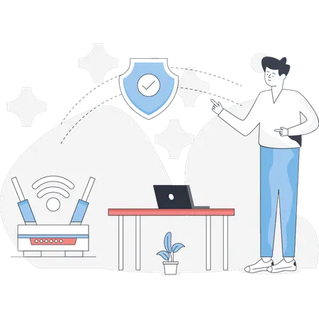 The boy is pointing wireless connection  Illustration