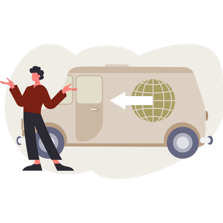 The boy is presenting delivery van  Illustration