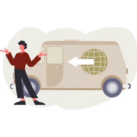 The boy is presenting delivery van  Illustration