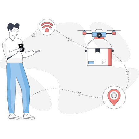 The boy is presenting drone delivery  Illustration