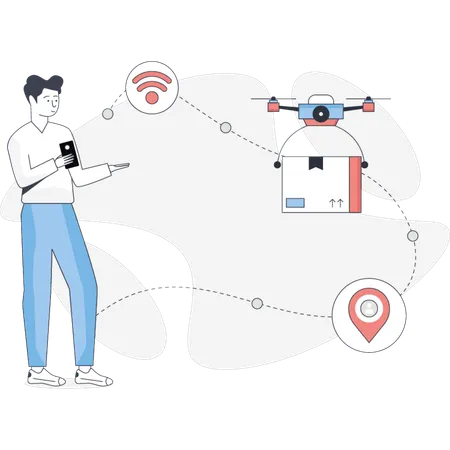 The boy is presenting drone delivery  Illustration