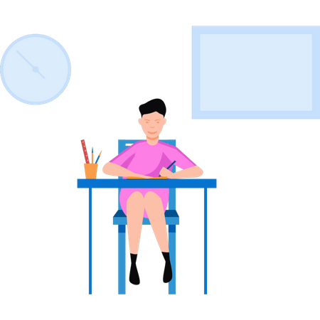 The boy is reading at his desk  Illustration