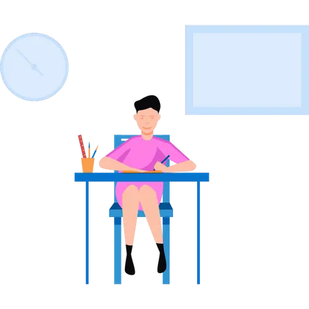The boy is reading at his desk  Illustration
