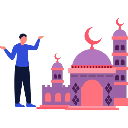 The boy is showing the crescent moon on the minaret  Illustration