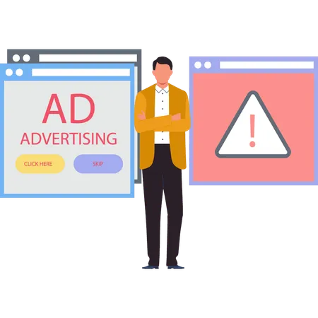 The boy is showing different ads.  Illustration