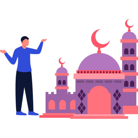 The boy is showing the crescent moon on the minaret  Illustration