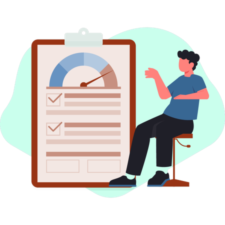 The boy is sitting on chair and pointing clipboard chart  Illustration