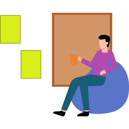 The boy is sitting on the couch with a cup of tea  Illustration