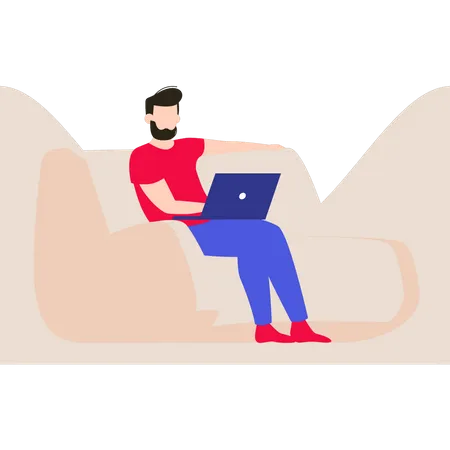 The boy is sitting on the sofa using a laptop  Illustration