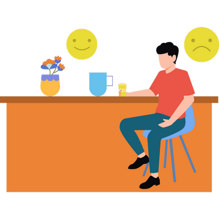 The boy is sitting with a cup of tea  Illustration