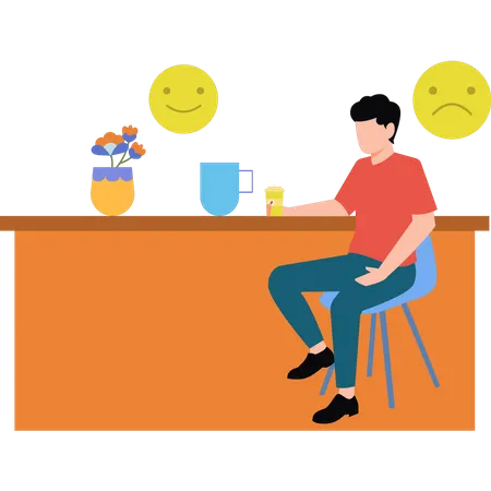 The boy is sitting with a cup of tea  Illustration