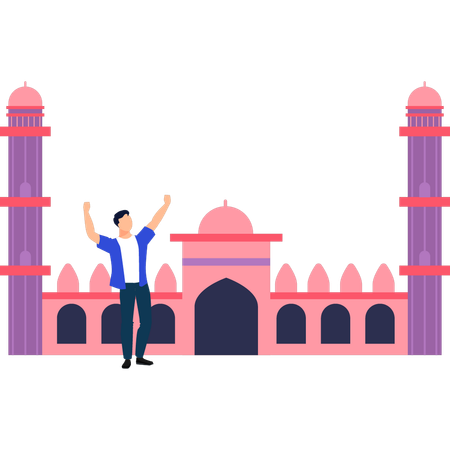 The boy is standing by the mosque  Illustration