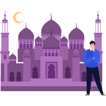 The boy is standing in front of the mosque  Illustration