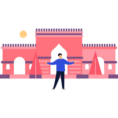 The Boy Is Standing Infront Of Mosque Illustration