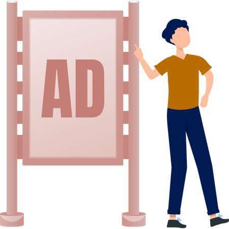 The boy is standing near ad board  Illustration