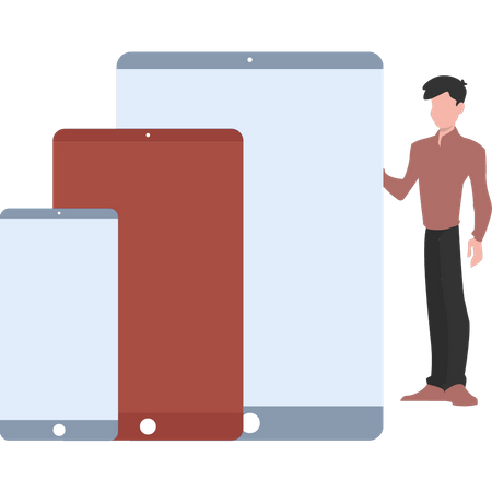 The boy is standing near blank device screen  Illustration