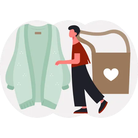 The boy is standing near hand bag  Illustration
