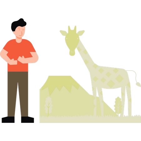 The boy is standing near the giraffe  Illustration