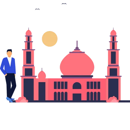 The boy is standing near to the mosque  Illustration