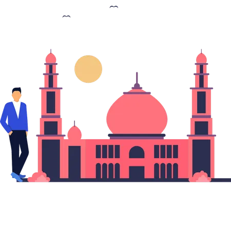 The Boy Is Standing Near To The Mosque Illustration