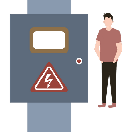 The boy is standing next to the circuit box  Illustration