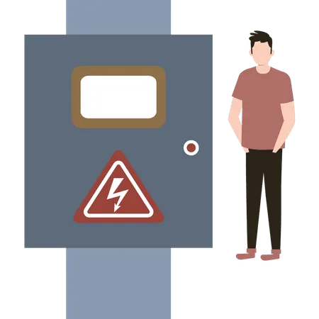 The boy is standing next to the circuit box  Illustration