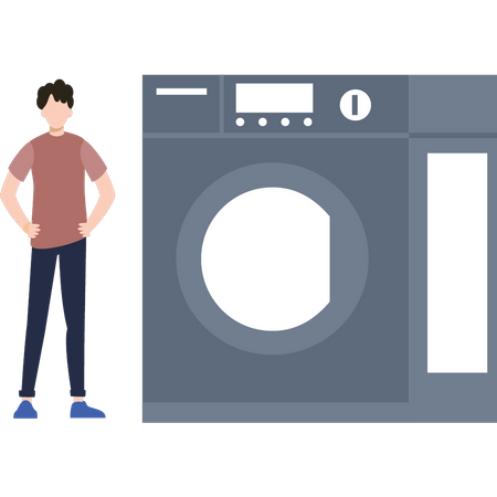 The boy is standing next to the washing machine  Illustration
