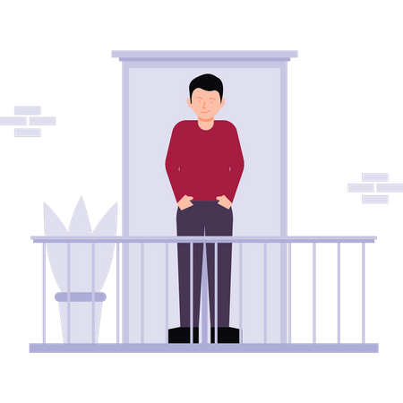 The boy is standing on the balcony  Illustration
