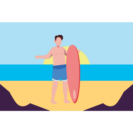 The boy is surfing on the beach  Illustration