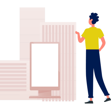The boy is talking about business bill board  Illustration