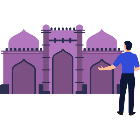 The boy is telling that muslims pray in the mosque  Illustration
