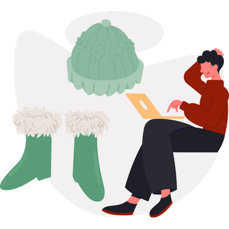 The boy is thinking about snow shoes  Illustration