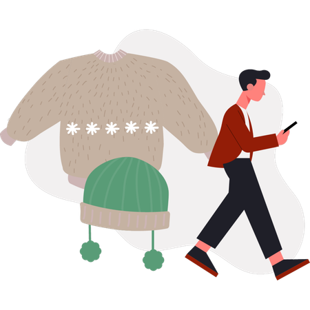 The boy is walking near winter cloth  Illustration