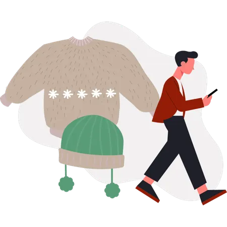 The boy is walking near winter cloth  Illustration