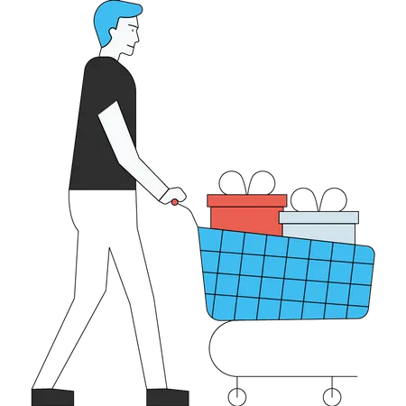 The boy is walking with the shopping trolley  Illustration