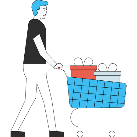 The boy is walking with the shopping trolley  Illustration